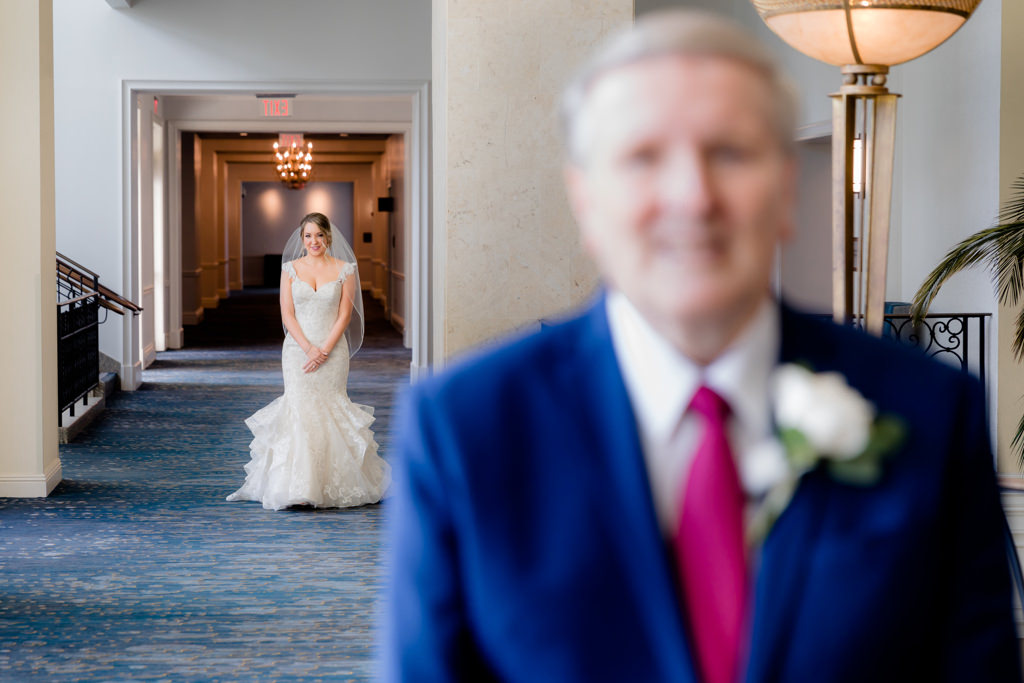 Florida Bride First Look Portrait with Father | Tampa Marriott Water Street
