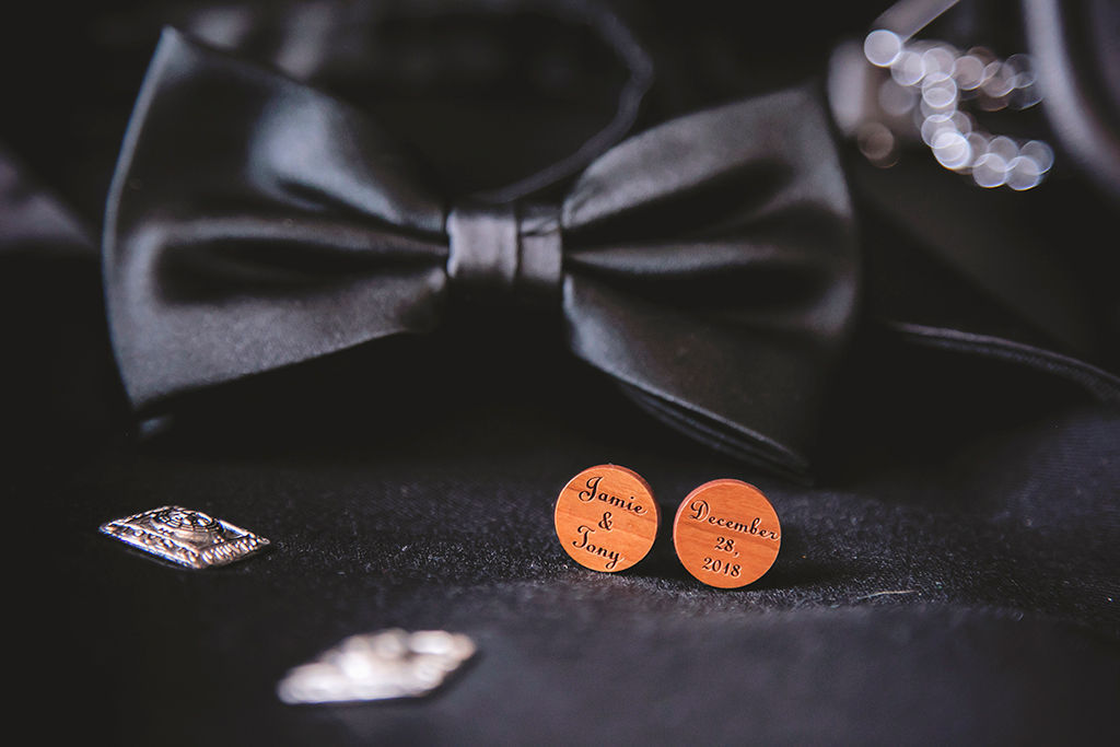 Personalized Wooden Cufflinks, Black Silk Groom Bowtie