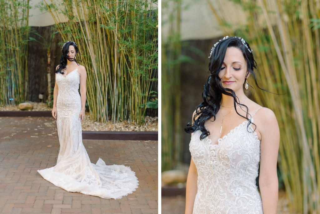Bride in spaghetti strap Allure wedding dress with crystal headpiece