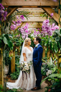 Boho Chic Tampa Bay Bride and Groom Wedding Portrait in Garden | Sarasota Wedding Venue Marie Selby Botanical Gardens