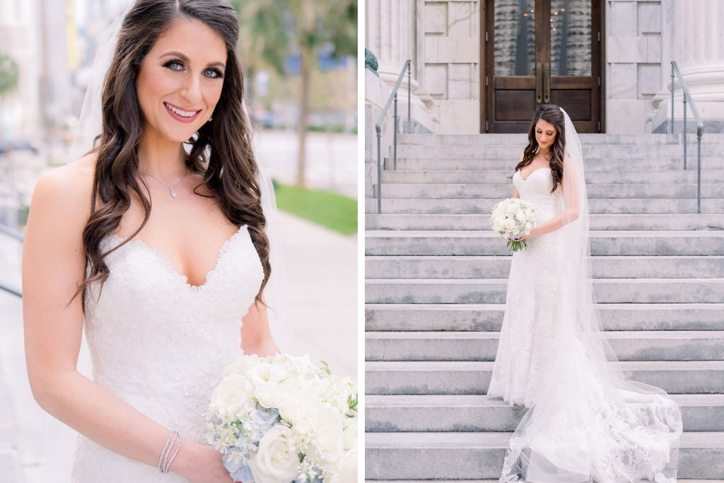 Tampa Bay Bride Wedding Portrait on Staircase of Le Meridien, Bride in Sweetheart Strapless Fitted Lace Maggie Sottero Wedding Dress, White, Ivory and Pale Blue Floral Bouquet and Cathedral Length Veil | Tampa Wedding Planner Breezin Entertainment