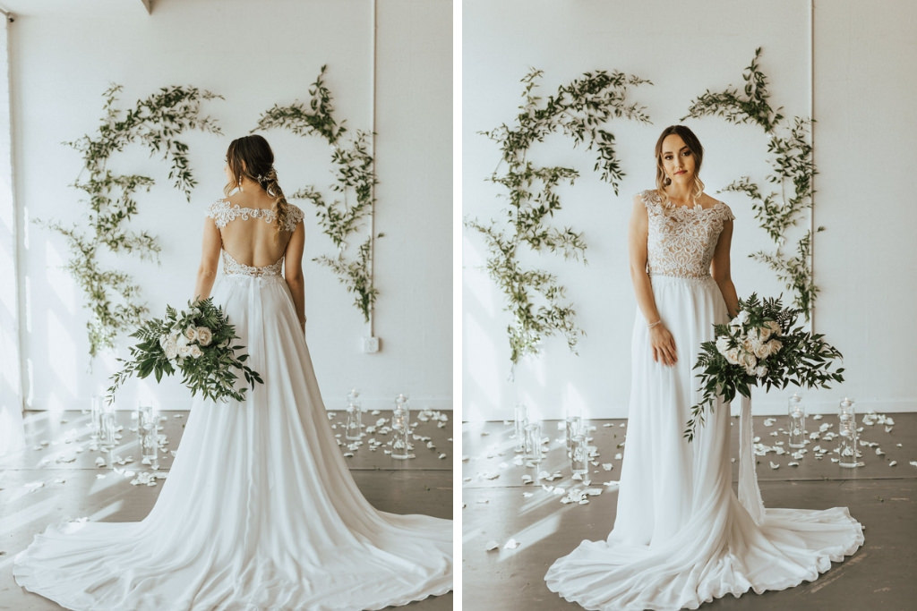 Tampa Bay Bride Wedding Portrait in Nude/Ivory Lace Off the Shoulder Bodice, White Flowy Skirt with Organic Ivory and Greenery Floral Bouquet | Lakeland Wedding Venue HAUS 820