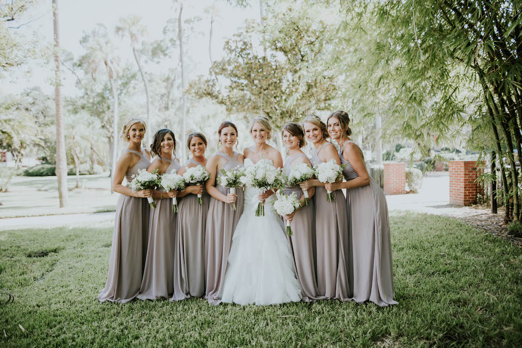 Florida Bride and Bridesmaids Outdoor Wedding Portrait, Bridesmaids in Matching Long Taupe Dresses and White Floral Bouquets
