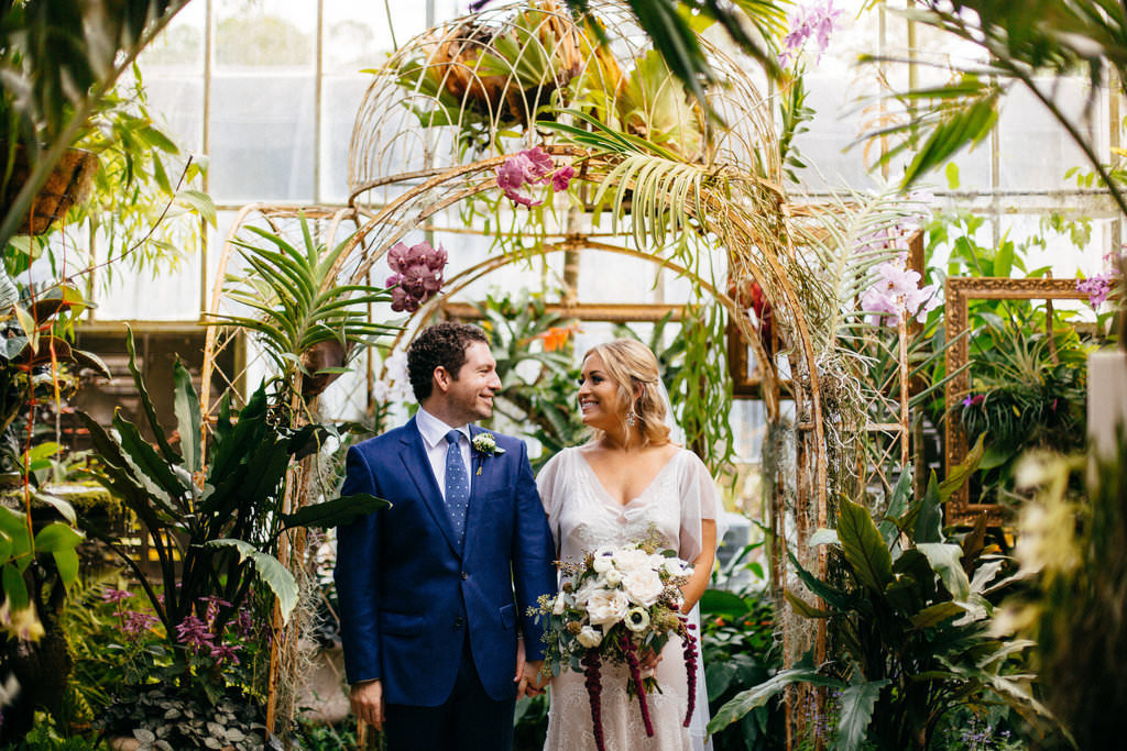 Boho Chic Tampa Bay Bride and Groom Wedding Portrait in Garden | Sarasota Wedding Venue Marie Selby Botanical Gardens