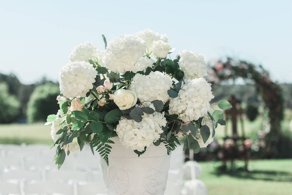 Outdoor Wedding Ceremony Decor, White Hydrangeas, Roses, Greenery Flowers in White Vase