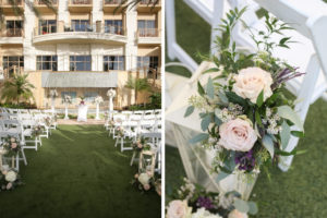 Outdoor Lawn Wedding Ceremony, White Folding Chairs, Ivory, Purple and Greenery Flower Decor | Tampa Bay Wedding Photographer Lifelong Photography Studios | Clearwater Beach Wedding Hotel Venue Sandpearl Resort | Wedding Planner Special Events Planning