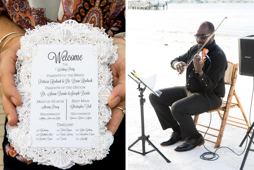 White Seashell Laser Cut Wedding Programs, Wedding Ceremony Violinist Music | Tampa Bay Wedding Violinist Musician Sunset Strings
