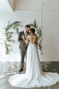 Tampa Bay Bride and Groom Wedding Portrait, Bride in Nude/ Ivory Lace Off the Shoulder Bodice and White Flowy Skirt | Lakeland Wedding Venue HAUS 820