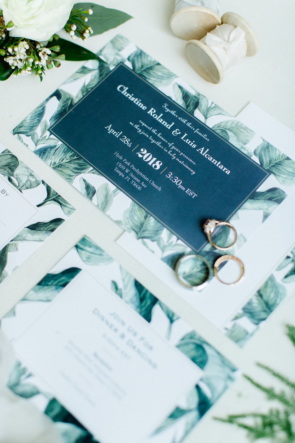 Tropical Floral Inspired Blue, Green and White Wedding Invitation Suite with Bride and Groom Wedding Rings