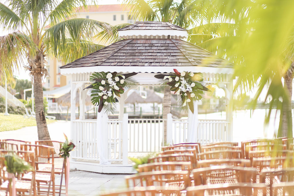 Florida Beach Elegant Inspired Wedding Ceremony Decor, Outdoor Beach Wedding Ceremony at Gazebo with Colorful Tropical Floral Bouquets | Waterfront St. Petersburg Venue Isla Del Sol Yacht and Country Club | Photographer LifeLong Photography Studios