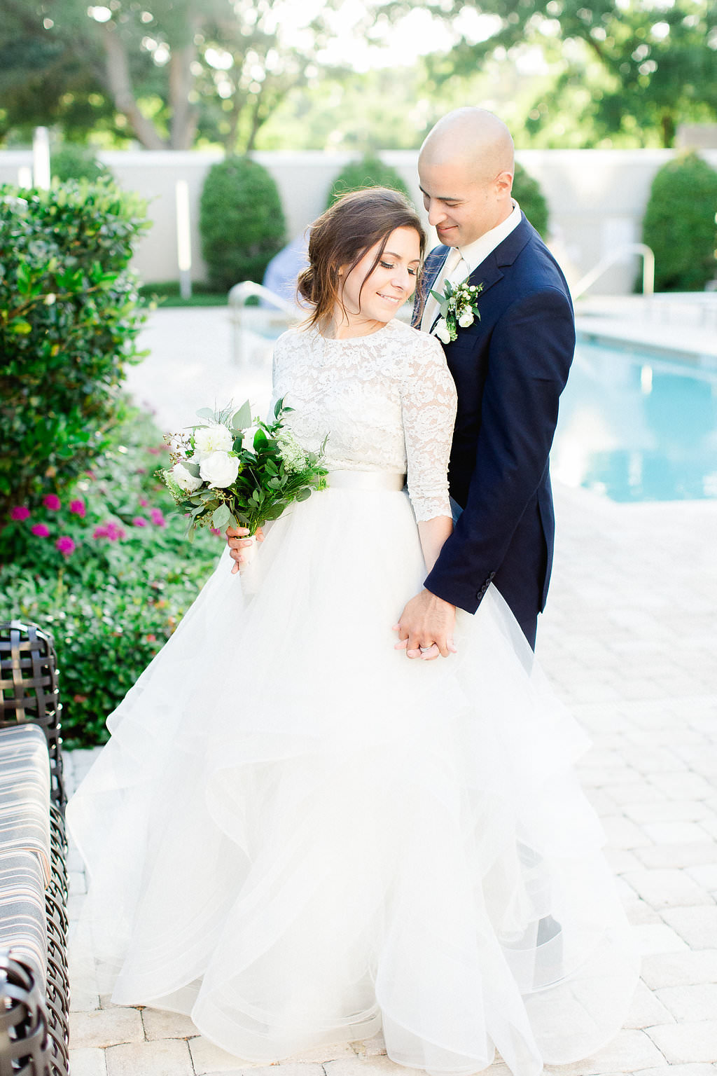 Tampa Bay Bride and Groom Outdoor Wedding Portrait by Pool | South Tampa Boutique Wedding Venue the Epicurean Hotel
