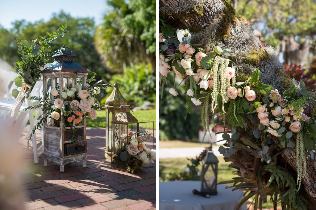 Whimsical Romantic Sarasota, Florida Garden Wedding Ceremony Decor, Wooden Lanterns with White, Ivory, Pink Floral Arrangements, Green Hanging Amaranthus and Blush Pink Roses on Tree