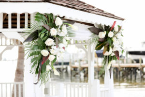 Beach Elegant Inspired Wedding Ceremony Decor, Outdoor Beach Wedding Ceremony at Gazebo with Colorful Tropical Floral Bouquets | Waterfront St. Petersburg Venue Isla Del Sol Yacht and Country Club | Photographer LifeLong Photography Studios