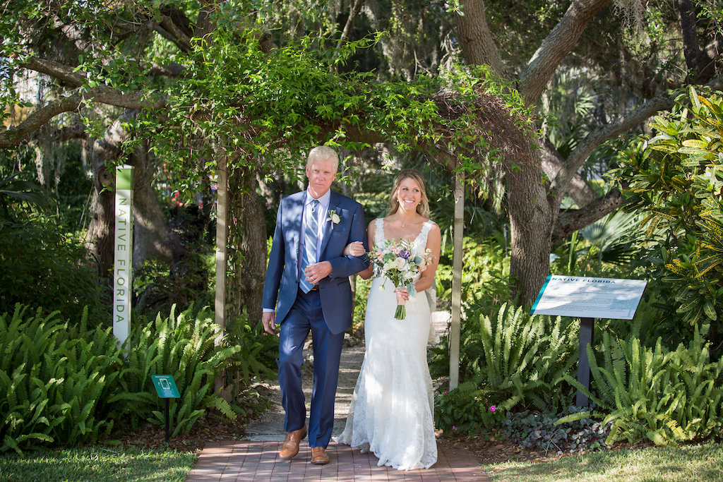 Tampa Bay Bride Walking with Father Down the Wedding Ceremony Aisle Processional at Romantic Garden Outdoor Wedding