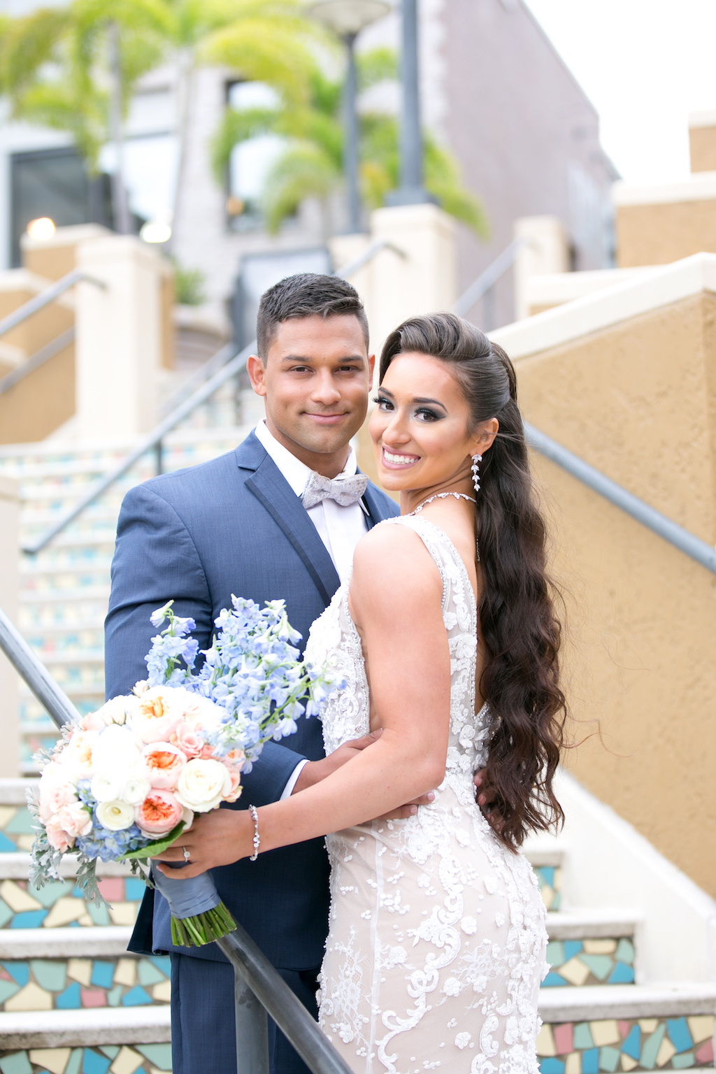 Florida Bride and Groom Wedding Portrait, Bride with White, Blush Pink and Dusty Blue floral Bouquet | Tampa Bay Photographer Carrie Wildes Photography | Hair and Makeup Destiny and Light Hair and Makeup Group | Wedding Attire Nikki's Glitz and Glam Boutique | Florist Gabro Event Services