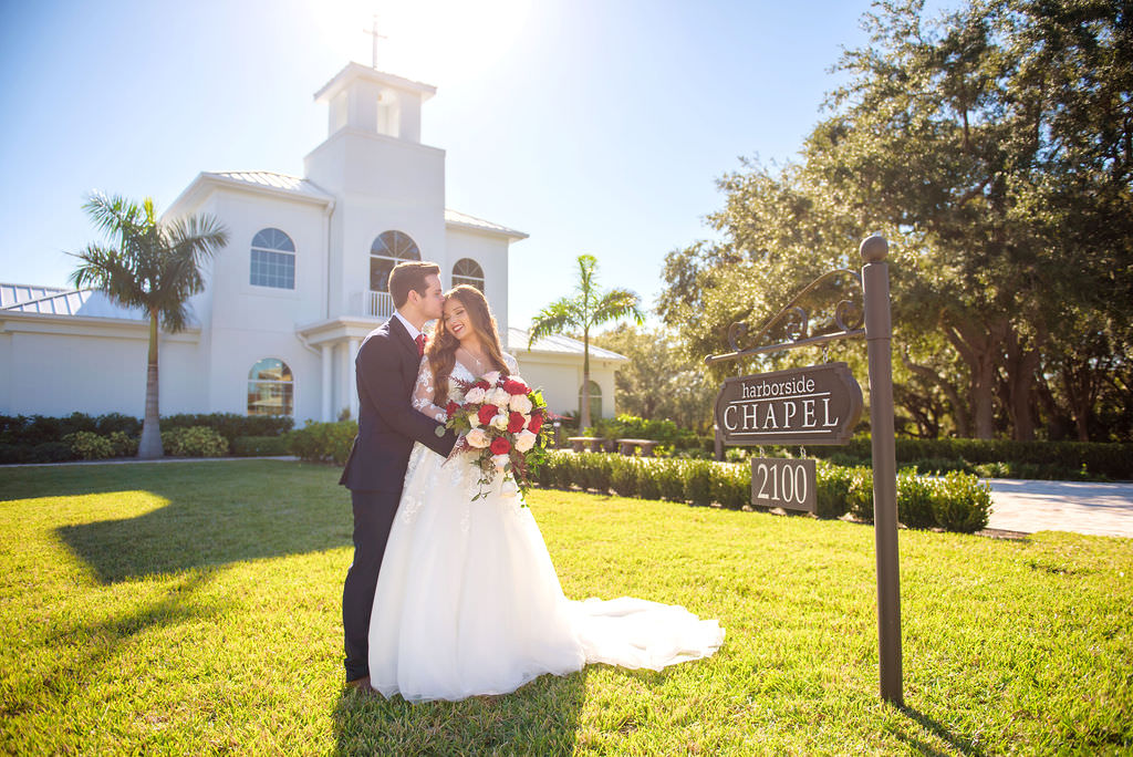 Florida Bride and Groom Outdoor Wedding Portrait | Safety Harbor Wedding Ceremony Venue Harborside Chapel | Wedding Dress Shop Truly Forever Bridal | Hair and Makeup Destiny and Light Hair and Makeup Group