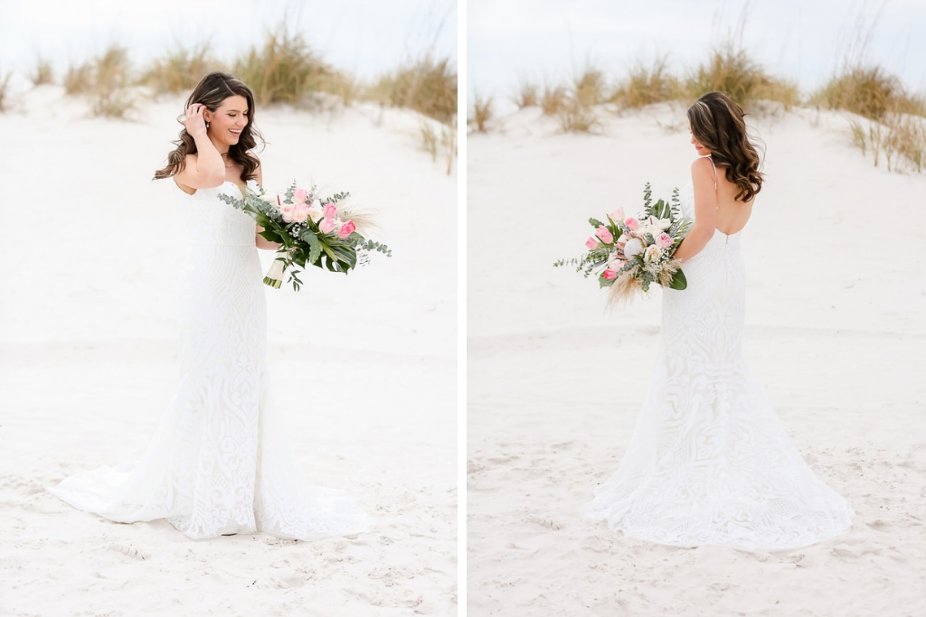 Clearwater Beach Bridal Portrait on the Sand, Spaghetti Strap Sweetheart Neckline White Fitted Hayley Paige Wedding Dress, Carrying White and Pink Flower Bouquet with Green Palms | Photographer Lifelong Photography Studios | Hair and Makeup Michele Renee The Studio