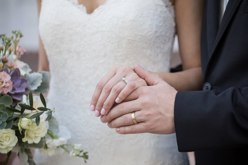 Close-Up Wedding Portrait of Bride and Grooms Hands with Wedding Rings