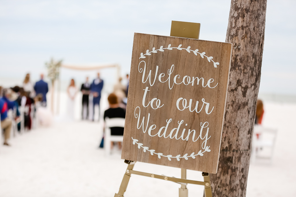 Clearwater Beach Wedding Ceremony Decor, Wooden Welcome Sign | Photographer Lifelong Photography Studios