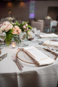 Whimsical Romantic Sarasota Garden Wedding Reception Decor, Silver Linens, Clear Glass and Gold Rimmed Charger with Ivory Linen and Menu