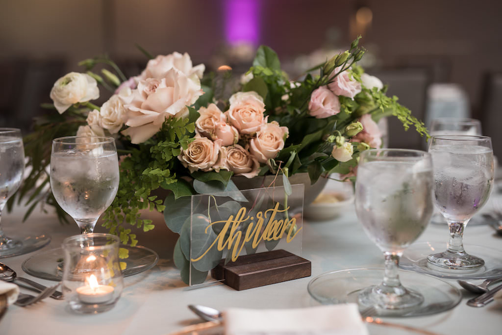 Whimsical Romantic Sarasota Garden Wedding Reception Decor, Blush Pink, Ivory and Greenery Floral Centerpieces, Clear Acrylic and Gold Calligraphy Script Table Number