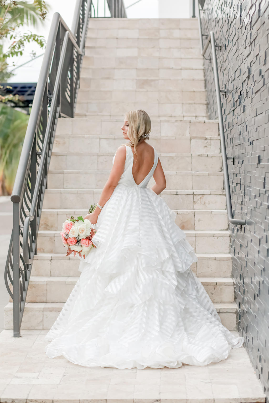 Florida Bride Wedding Portrait in Organza Striped with Horsehair Edging, Low Back with Thick Straps Morliee Ballgown Wedding Dress | Tampa Bay Wedding Photographer Lifelong Photography Studios | Dress Shop Truly Forever Bridal