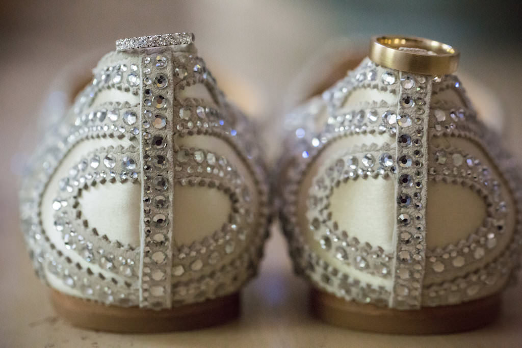 Rhinestone Ivory Flat Wedding Shoes and Bride and Groom Wedding Rings