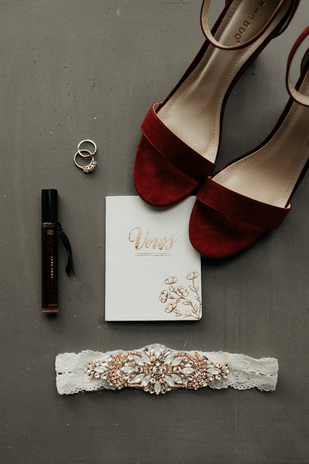 Bride Wedding Accessories, Red Velvet Strappy Sandal Heel Wedding Shoes, White and Gold Foil Vows Book, White Lace, Rose Gold and Rhinestone Brooch Garter, Wedding Rings