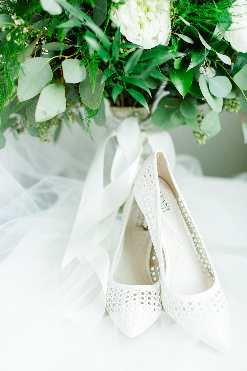 White Pointed Toe Wedding Shoes, White and Greenery Floral Bouquet