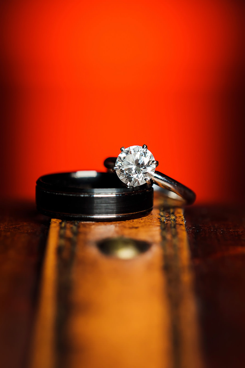 Round Diamond Bride Engagement Ring, Black Groom Wedding Ring