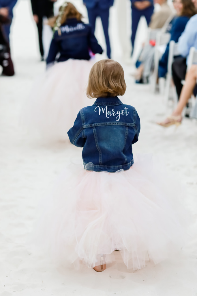 Flower Girl in Personalized Jean Jacket and Blush Pink Tulle Skirt Wedding Ceremony Beach Portrait | Photographer Lifelong Photography Studios