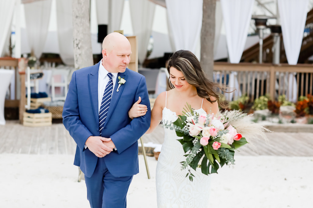 Bride and Father of the Bride Wedding Ceremony Portrait, White and Blush Pink Floral Bouquet with Palm Leaf Greenery | Photographer Lifelong Photography Studios