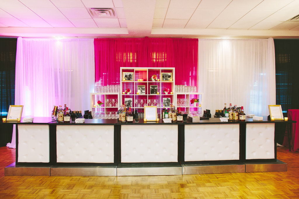 Whimsical Kate Spade Wedding Reception Decor, Black and White Bar with Hot Pink and White Linen Drapery Backdrop | Tampa Bay Wedding Planner Parties A La Carte