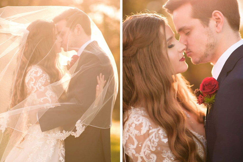 Creative Tampa Bay Bride and Groom Sunset Wedding Portrait Under Veil | Hair and Makeup Destiny and Light Hair and Makeup Group
