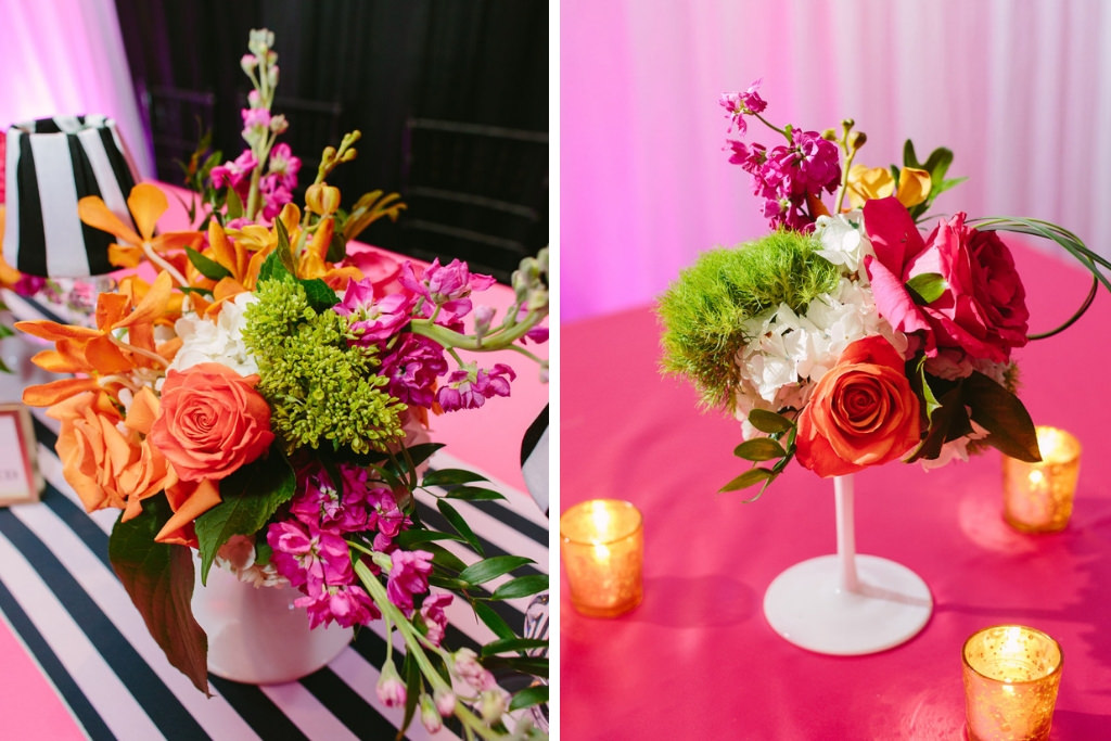 Whimsical Kate Spade Wedding Reception Decor, Hot Pink Tablecloth, Black and White Stripe Table Runner, Low Colorful Pink, Orange, Green Floral Centerpiece in White Vase, Gold Mercury Candle Votives | Tampa Bay Wedding Planner Parties A La Carte