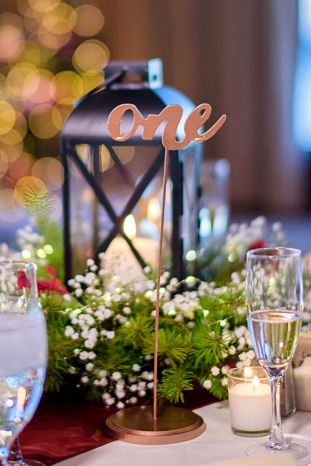 Christmas Inspired Wedding Reception Decor, Black Lantern, Pine Tree Wreath Centerpiece, Gold Table Number