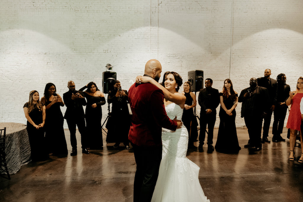 Tampa Bay Bride and Groom First Dance Wedding Reception Portrait | Lakeland Industrial Modern Wedding Venue and Event Space Haus 820