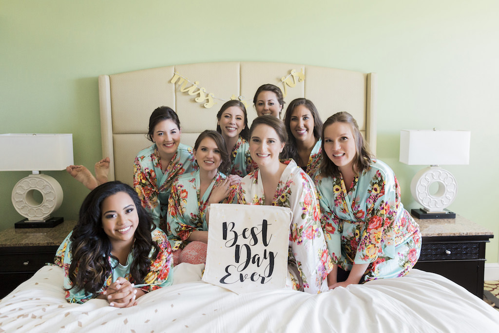 Florida Bride and Bridesmaids in Matching Floral Robes Getting Ready Wedding Portrait, Best Day Ever Wedding Sign | Downtown St. Pete Boutique Hotel Wedding Venue The Birchwood
