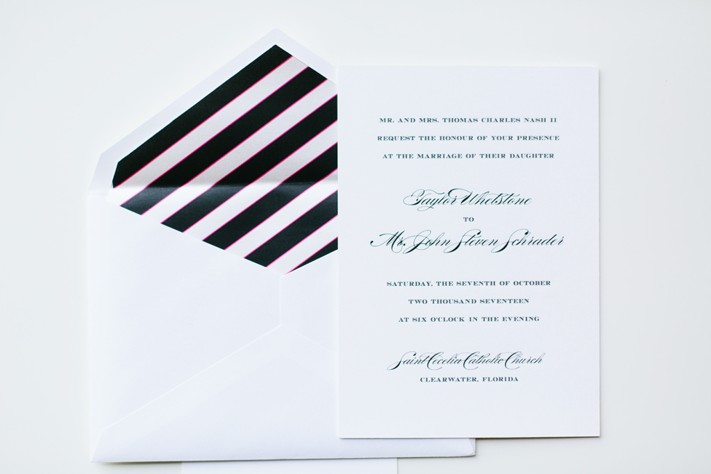 Classic Traditional Kate Spade Inspired Wedding Invitation with Black Stripe Envelope | Tampa Bay Wedding Invitations and Stationary URBANcoast