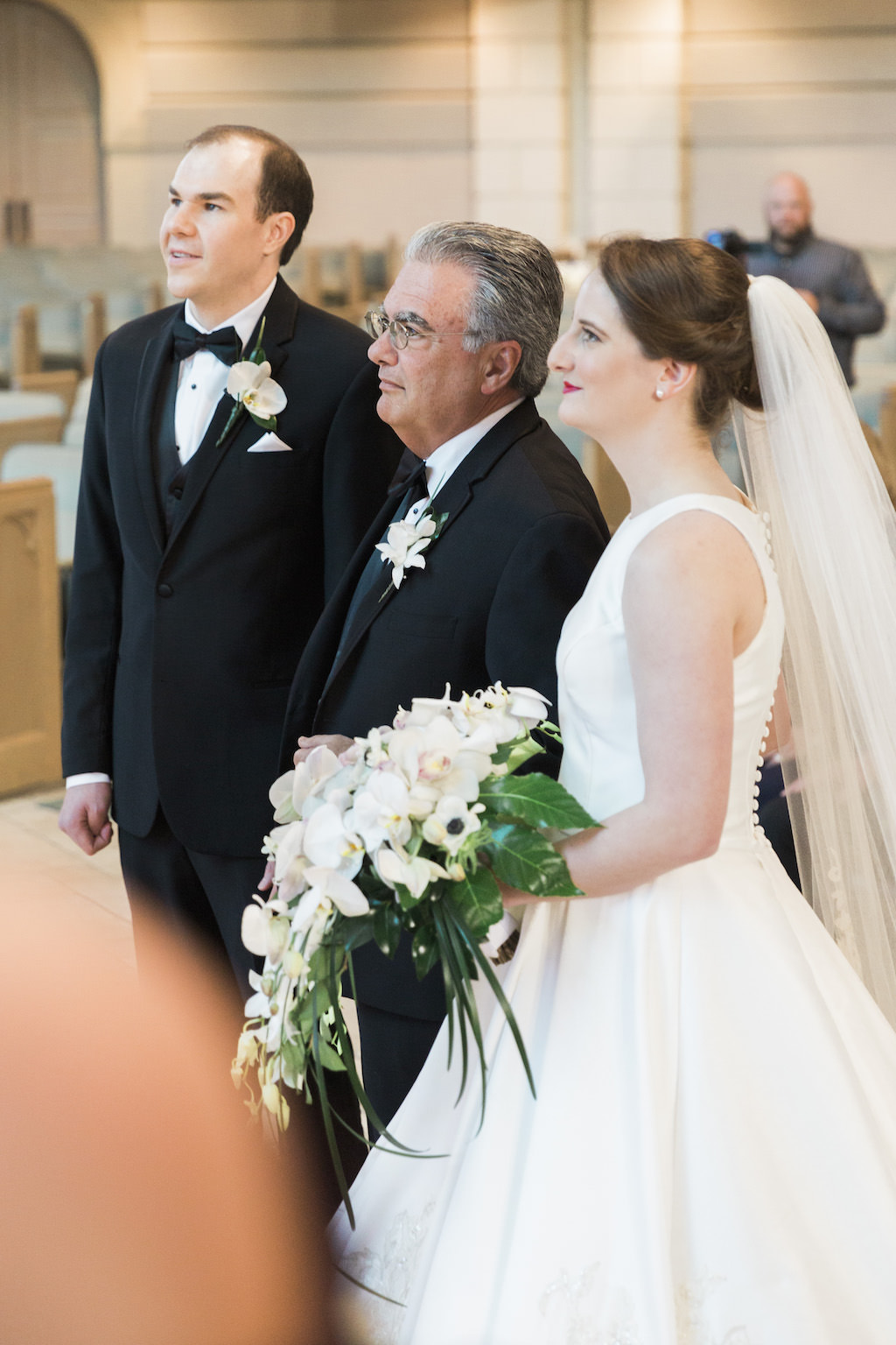 Bride and Father Church Wedding Ceremony Portrait, White Sleeveless Wedding Gown | White and Green Floral Bouquet | First Baptist Church of St. Petersburg