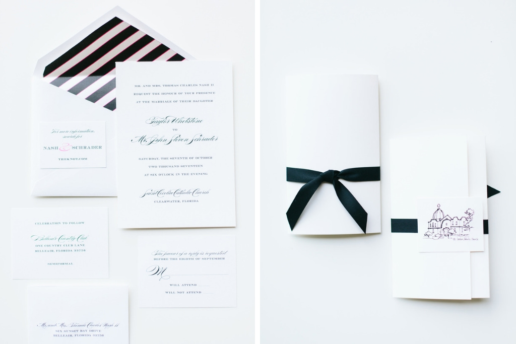 Classic Traditional Kate Spade Inspired Wedding Invitation Suite with Black Stripe Envelope, White Wedding Stationary with Navy Blue Ribbon and Custom Drawing | Tampa Bay Wedding Invitations and Stationary URBANcoast