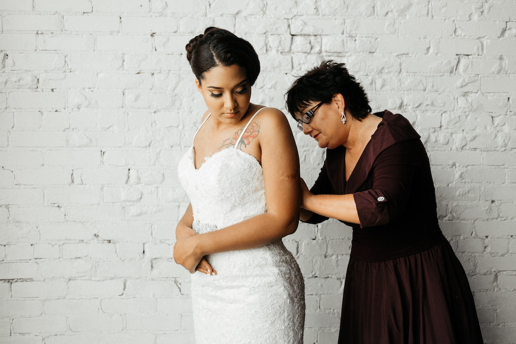 Tampa Bay Bride Getting Ready Wedding Portrait with Mom, Lace Spaghetti Strap Sweetheart Strapless Fitted Wedding Dress