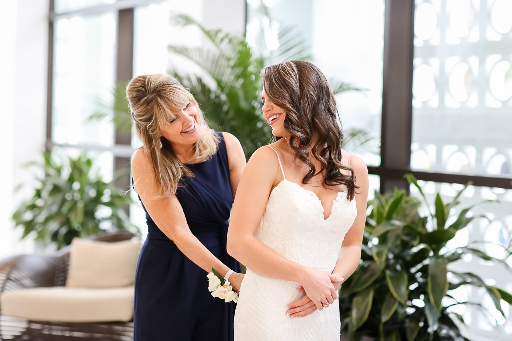 Tampa Bay Bride with Mother Getting Ready Wedding Portrait, Bride in Spaghetti Strap Sweetheart Neckline White Fitted Hayley Paige Wedding Dress | Hair and Makeup Michele Renee The Studio | Photographer Lifelong Photography Studios