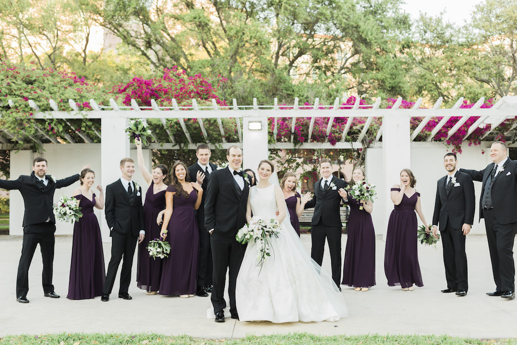 Tampa Bay Bride, Groom, Bridesmaids and Groomsmen Wedding Party Portrait, Bridesmaids in Long Purple Dresses | Downtown St. Pete Straub Park