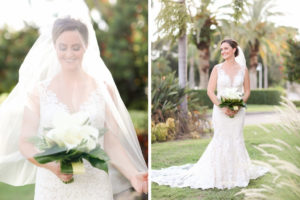 St. Pete Bride Wedding Portrait in Lace Fitted Sweetheart Neckline with Tank Top Straps and White Cala Lily Floral Bouquet and Veil | Photographer LifeLong Photography Studios