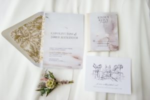 Chic Neutral Tone Modern Watercolor Wedding Invitation Suite, Multi-colored and Textural Floral Boutonniere with Scabiosa, Feathers and Pampas Grass, On Top of Ivory Linen | St. Pete Beach Resort Wedding Venue The Don Cesar | Tampa Bay Wedding Photographer Andi Diamond Photography | Tampa Wedding Stationary A+P Design Co