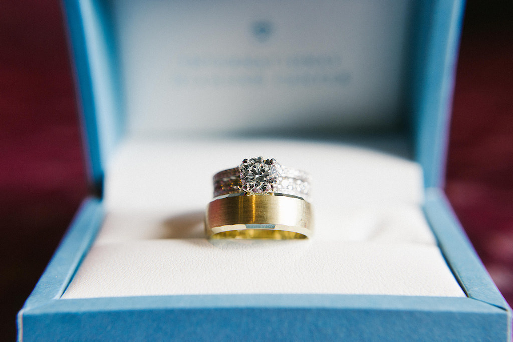 Round Diamond Engagement Ring, Bride Diamond Wedding Ring, Groom Yellow Gold Wedding Ring in Blue Ringbox