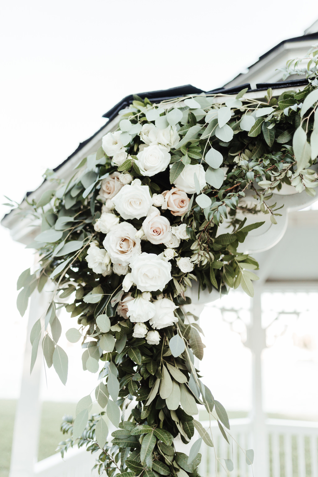 Garden Inspired Wedding Decor, White and Blush Pink Rose Floral Arrangement on Ceremony Gazebo | Tampa Bay Florist Monarch Events and Design