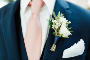 White Rose and Baby's Breath Groom Boutonnière with Greenery | Tampa Bay Wedding Florist Monarch Event and Design