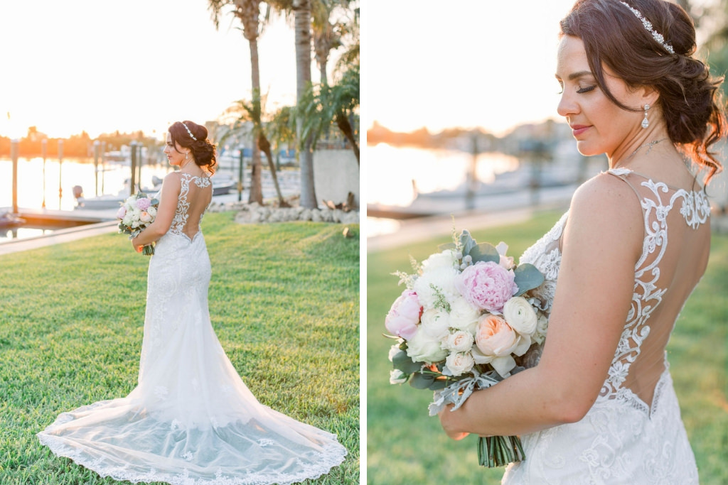 Florida Bride Sunset Portrait in Lace and Rhinestone Embellished Keyhole Open Back and Illusion Fitted Wedding Dress with Rustic Inspired Floral Bouquet